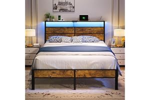 Liians Full Metal Bed Frame with USB Charging Station, Headboard Storage, LED Lights, Noise-Free Design, No Box Spring Needed