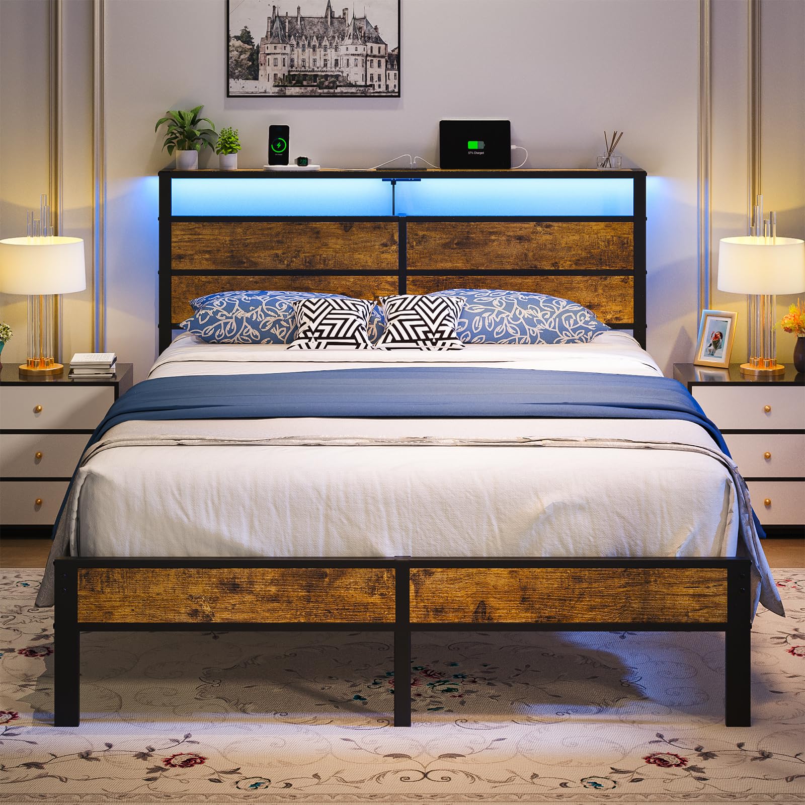 Photo 1 of ****MINOR DAMAGE***Liians Full Metal Bed Frame with USB Charging Station, Headboard Storage, LED Lights, Noise-Free Design, No Box Spring Needed****MINOR DAMAGE***
