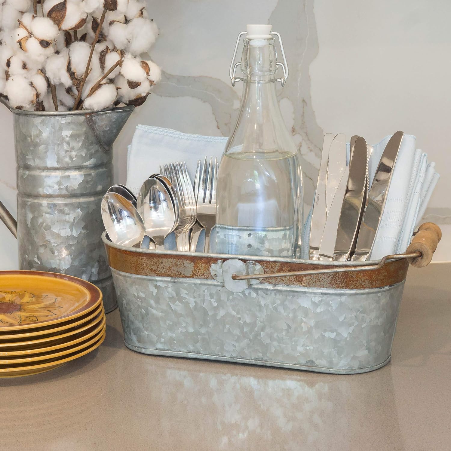 Stonebriar Small Aged Galvanized Metal Oval Bucket with Wooden Handle: Home & Kitchen