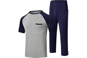 MoFiz Mens Pajama Set Summer Pjs Sleepwear Nightwear Lightweight Quick Dry Soft Short Sleeve V-Neck Pjs Sleep Set With Pocket