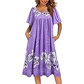 Ekouaer Women's House Dress - Pleated Nightgown with Short Sleeves & Pockets