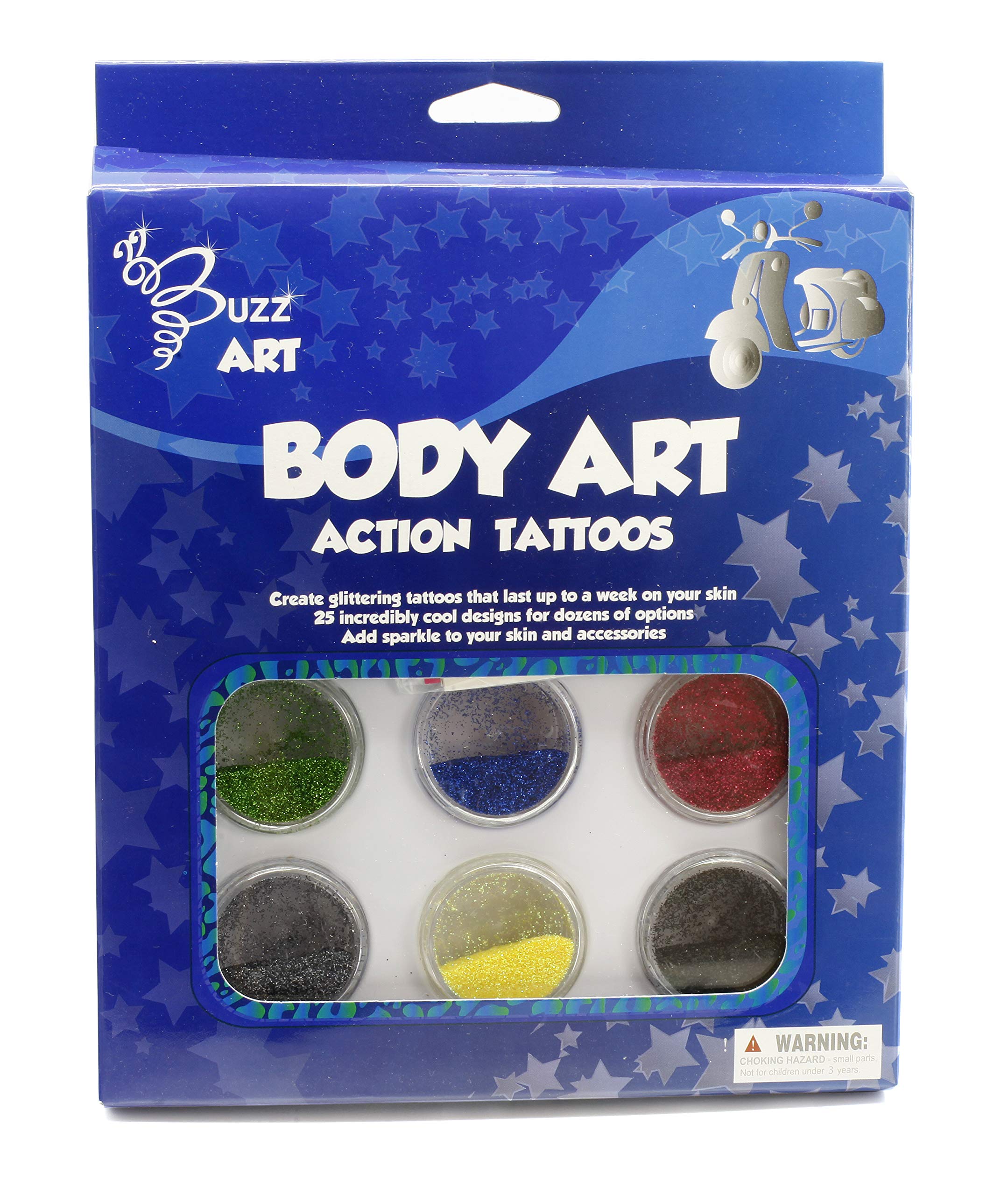 Body Art Tattoos - Action – Glitter Tattoo Kit with 6 Bold Colors, Long-Lasting Temporary Body Art for Kids & Adults, Easy to Apply