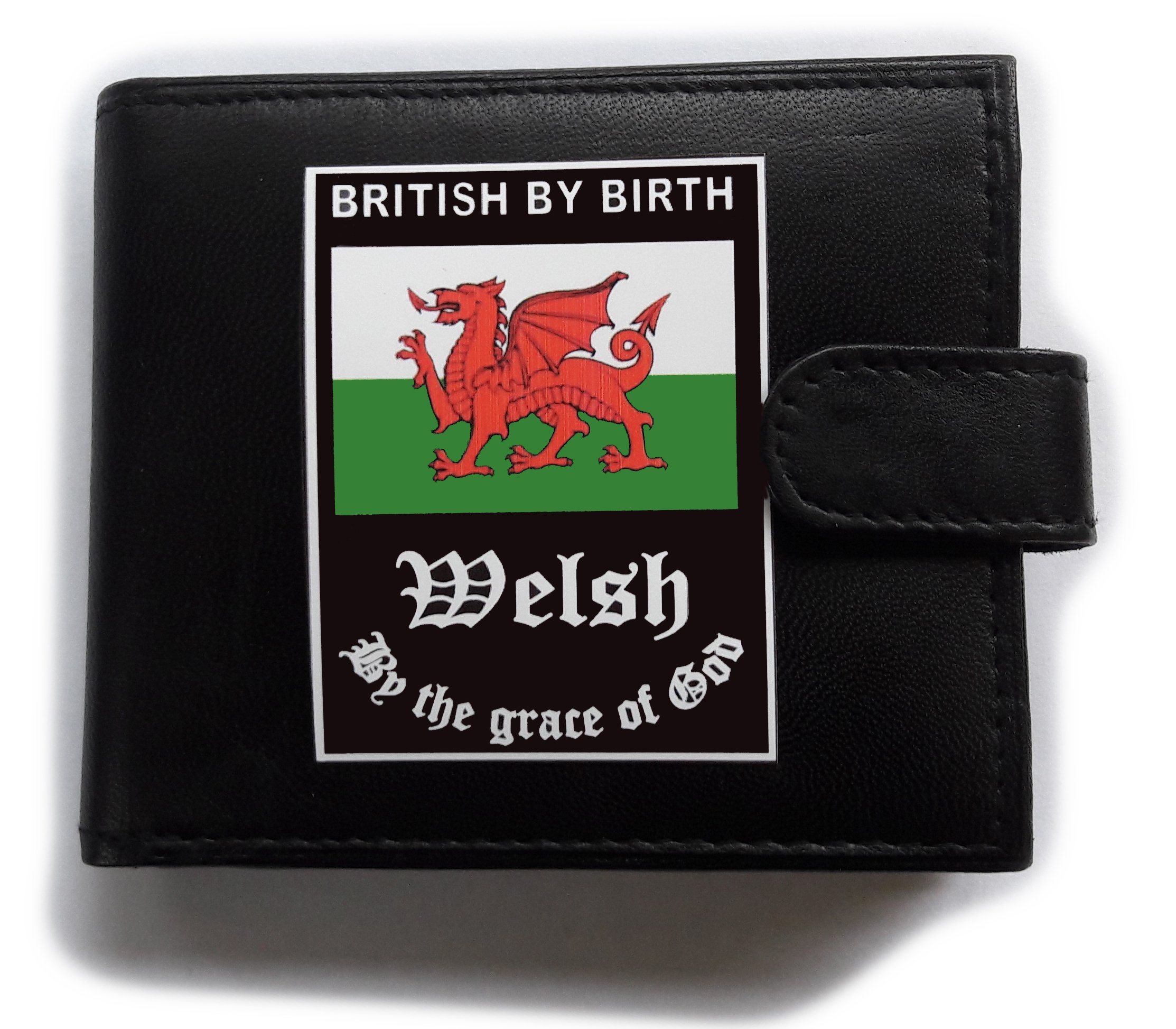 RFID Blocking Leather Wallet – British by Birth, Welsh by The Grace of God – Black Bifold with Welsh Flag – Patriotic Gift for Men – Secure & Stylish