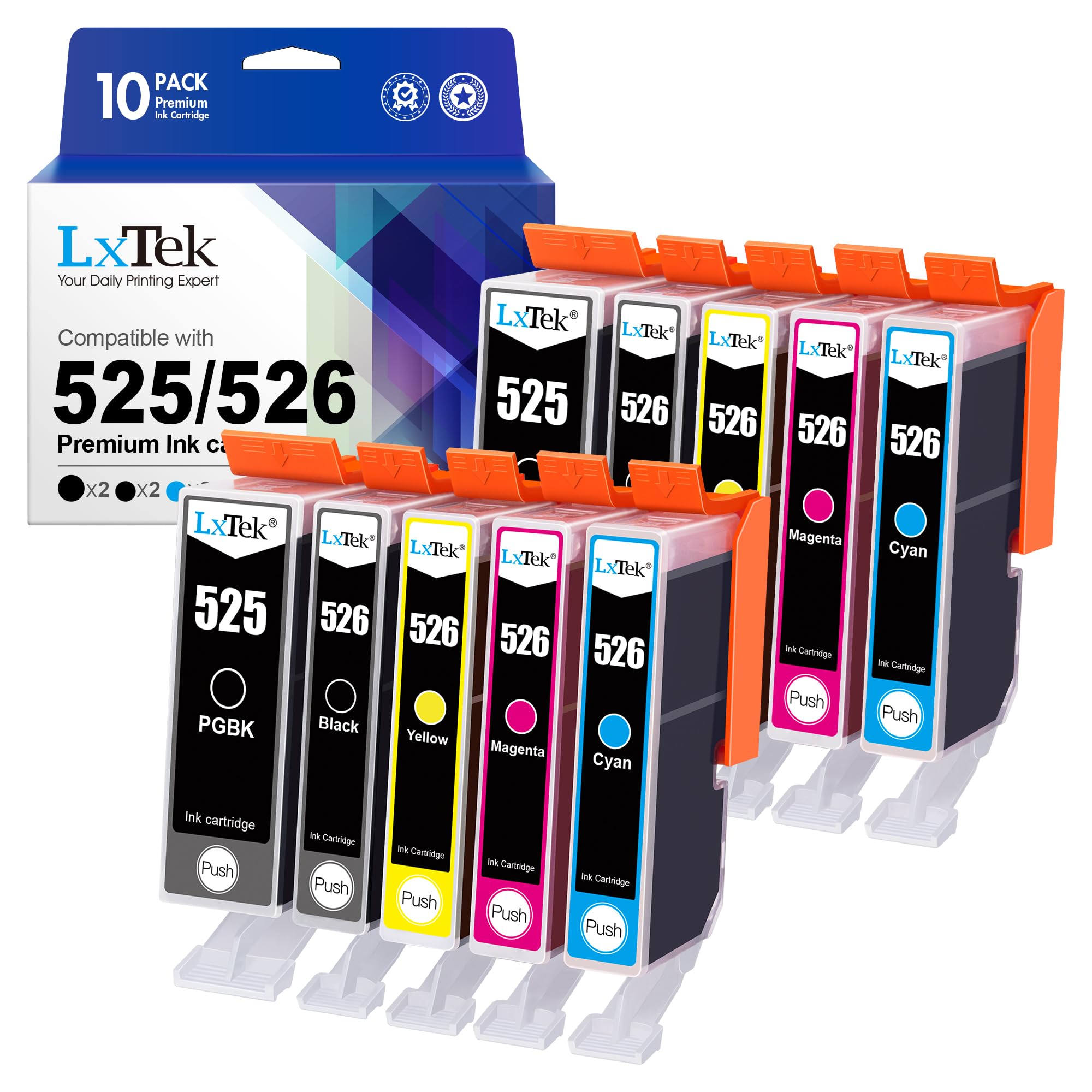 LxTek Compatible Ink Cartridge Replacement for Canon 525 526 PGI-525 CLI-526 for PIXMA MG6150 MG6250 MG5350 MG5250 MG5150 IX6550 IP4950 IP4850 (Black Cyan Magenta Yellow, 10-Pack)