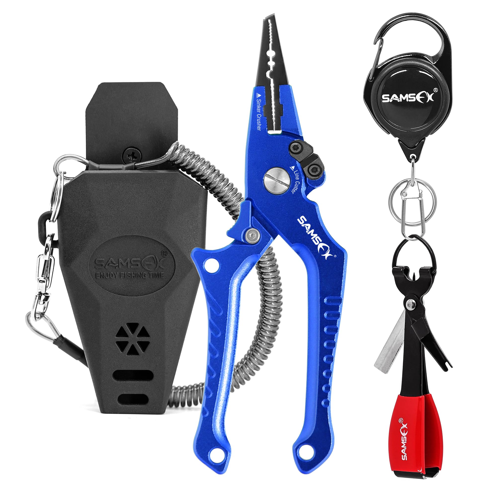 SAMSFX Aluminum Saltwater Fishing Pliers Locking with Quick Nail Knot Tying Tool and Zinger Retractor