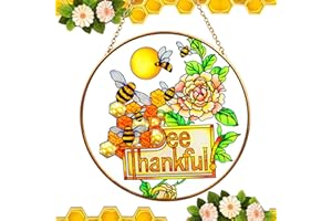 SIDOSIR Bee Stained Glass Suncatcher, Bee On Honeycomb Colorful Ornament for Window Wall Hanging, Glass Panel Decor Birthday Gift for Mom Grandma Teacher Friend Nature Lovers 6.5 * 6.5” (Bee Thankful)