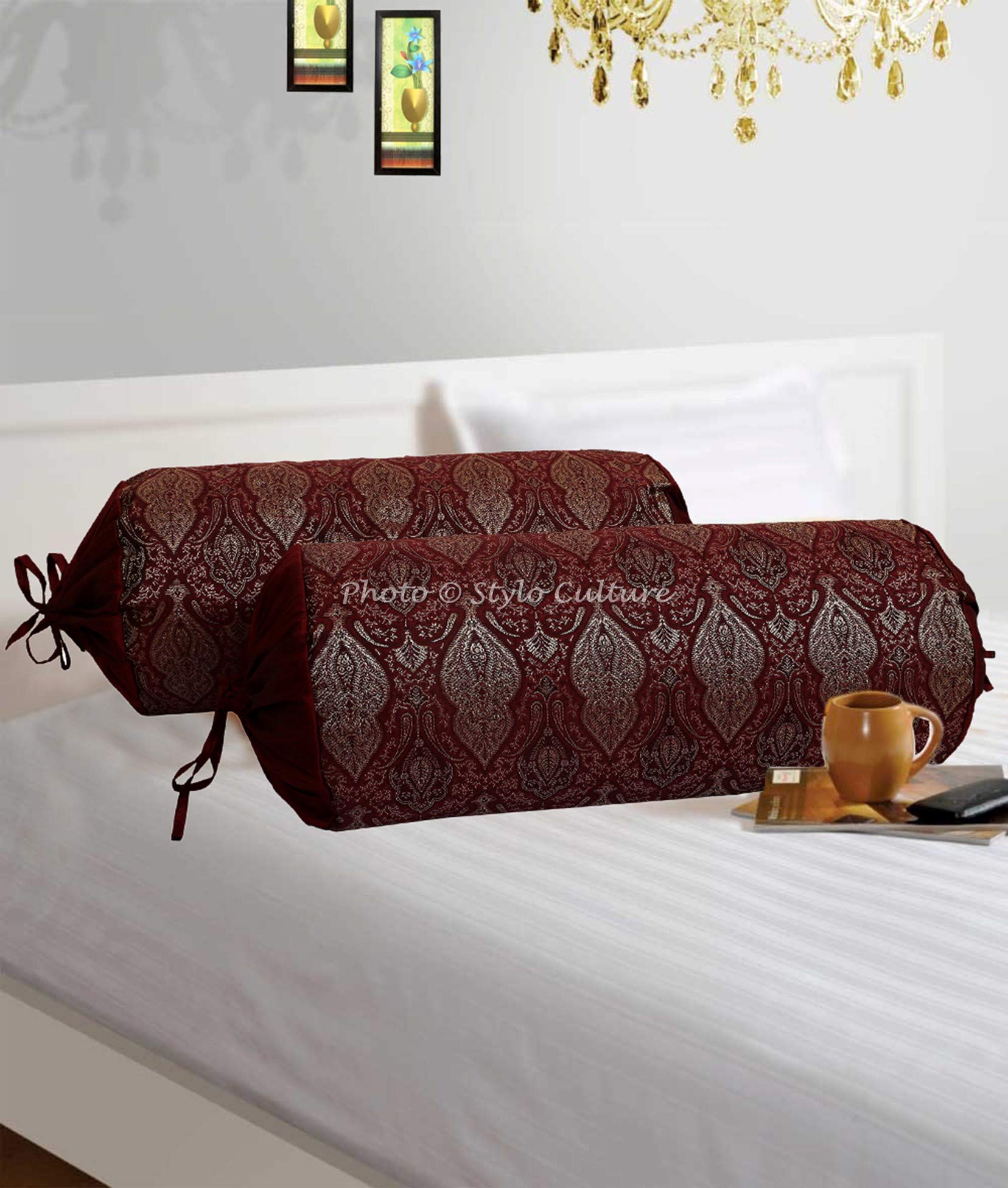 Stylo Culture Ethnic Polydupion Cylindrical Tube Body Bolster Pillow Covers Maroon Brocade Jacquard Damask Large Couch Round Cylinder Cushion Covers (Set of 2) | 30x15 Inches (76x38 cm)