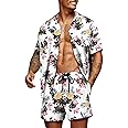 COOFANDY Men's Hawaiian Matching Set Summer Tropical Beach Shirt 2 Piece Outfits Flower Button Down Shirts and Shorts