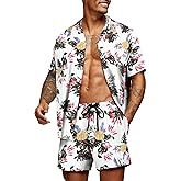 COOFANDY Men's Hawaiian Matching Set Summer Beach 2 Piece Outfits Flower Button Down Shirts and Shorts Vacation Outfits