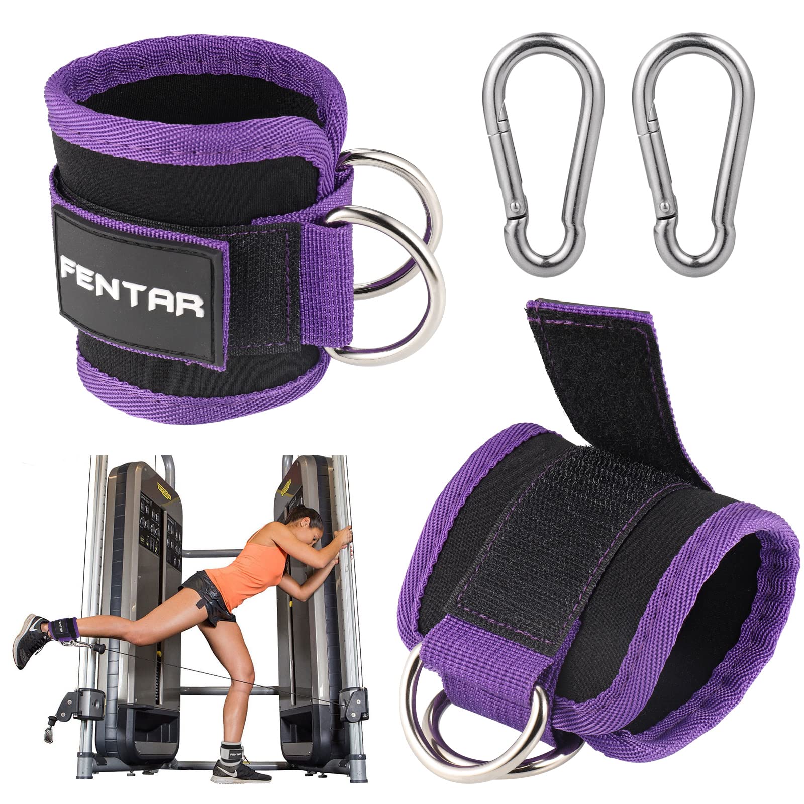 Fentar 2Pcs Adjustable Ankle Straps for Cable Machine, Comfortable Gym Ankle Cuffs, Double D-Ring Fitness Leg Straps (Purple) — image 1