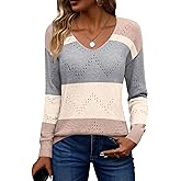 Zeagoo Womens Sweaters Fall Trendy Casual Long Sleeve Shirt Lightweight V Neck Off Shoulder Crochet Pullover Top Outfit
