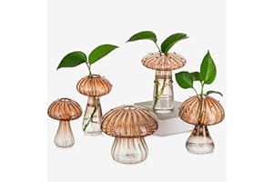 Glasseam Mushroom Plant Propagation Stations: Amber Glass Terrarium Jar Set of 5 Cute Planters for Indoor Plants Mini Propagate Station Unique Christmas Birthday Gifts for Women Home Office Decor