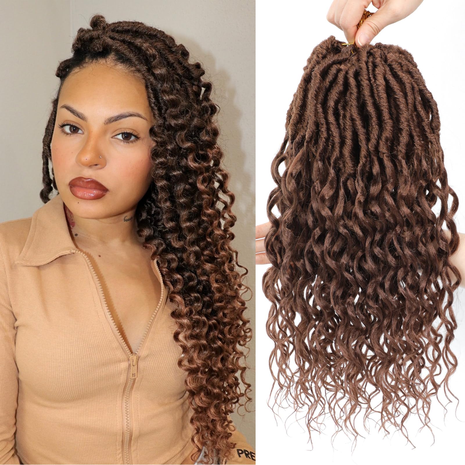 Photo 1 of 14 Inch 8 Packs Goddess Faux Locs Crochet Hair with Curly Ends Bohemian Curly Crochet River Locs Braids Hair for Women Brown Hippie Locs Synthetic Crochet Braids Hair Brown Color