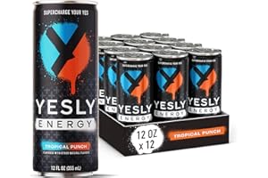 Yesly Energy - All Natural Clean Energy Drink - Zero Sugar Functional Energy – 114mg of Green Tea Extracted Caffeine Per Serving - Tropical Punch, 12 Fl Oz (Pack of 12)