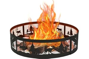 RED MOUNTAIN VALLLEY Red Mountain Valley 36 Inch Fire Pit Ring with 360° Forest & Wildlife Design, Portable Steel Wood Burning Firepit Ring for Outdoor Camping, Bonfires, Beach,Patio, fire Pit kit, Black