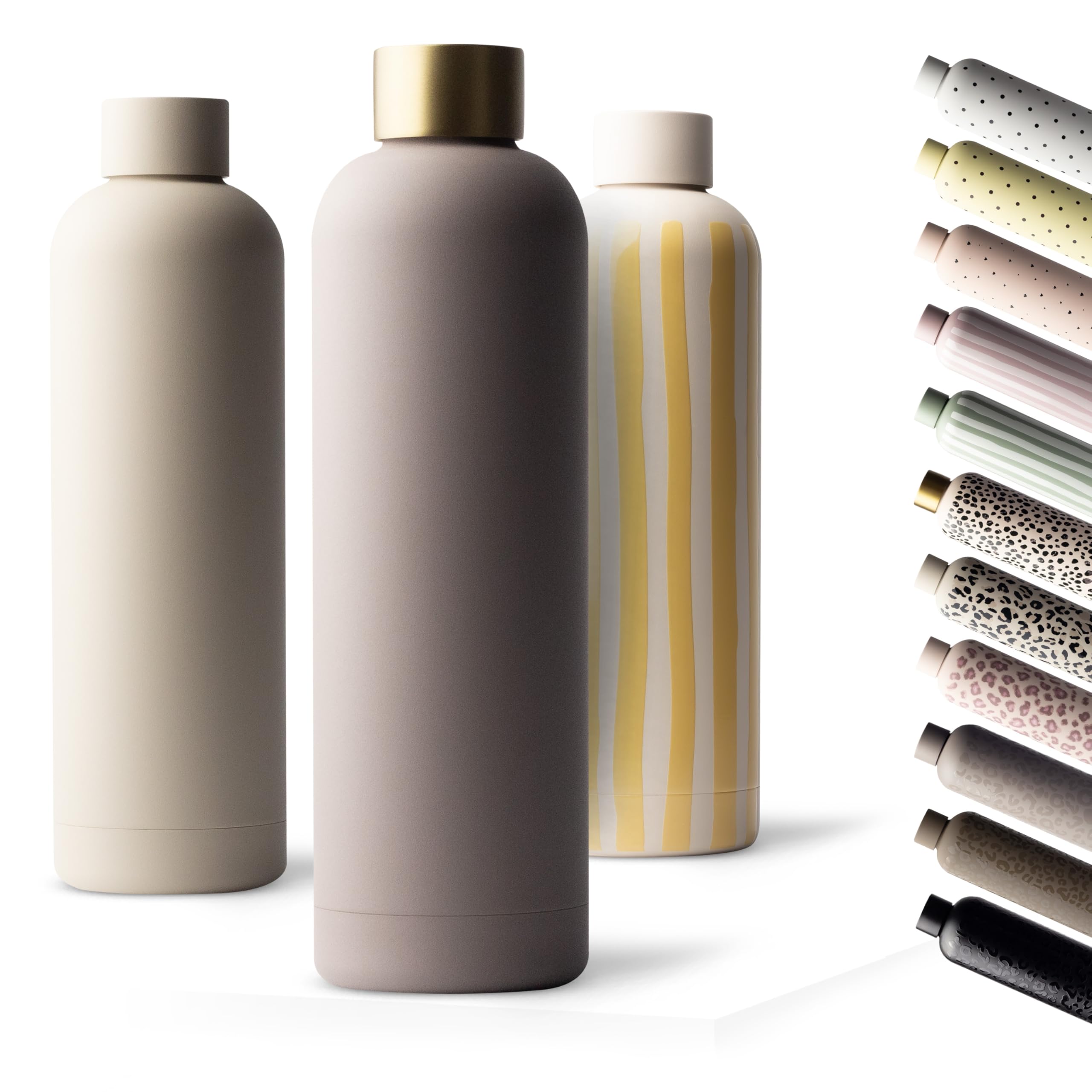 MAMEIDO Insulated Water Bottle 750 ml, Leak-Proof 18/8 Stainless Steel Thermo Flask, Suitable for Carbonated Drinks, BPA-Free (Taupe Grey Gold)