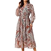 Seta T Women's Boho Dresses V Neck Long Sleeve Smocked Cuff A-Line Floral Tiered Flowy Fall Midi Dresses