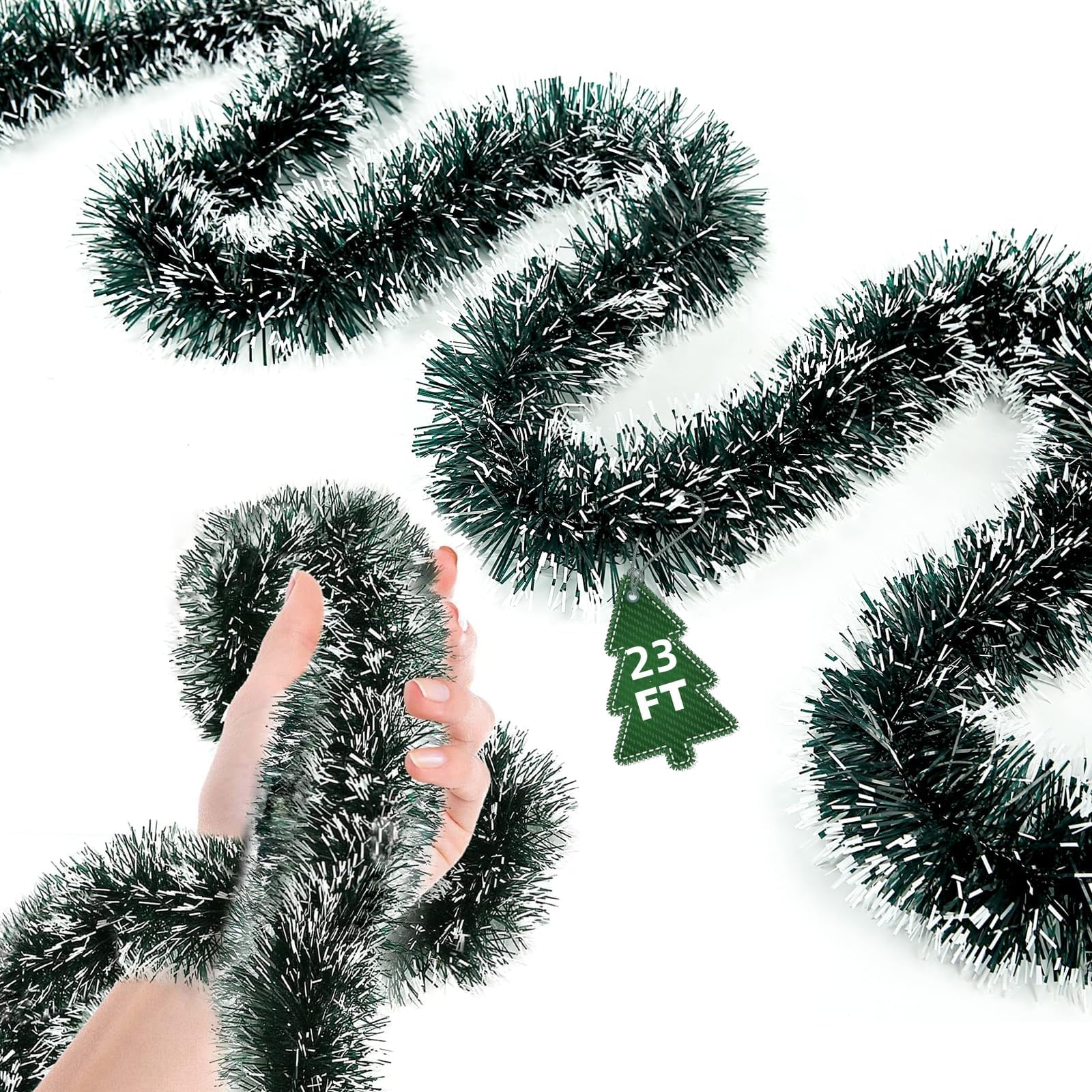 Photo 1 of 23Ft Christmas Garland - Metallic Twist Tinsel Decorations for Indoor & Outdoor, Ceiling Hanging for New Year (Green)