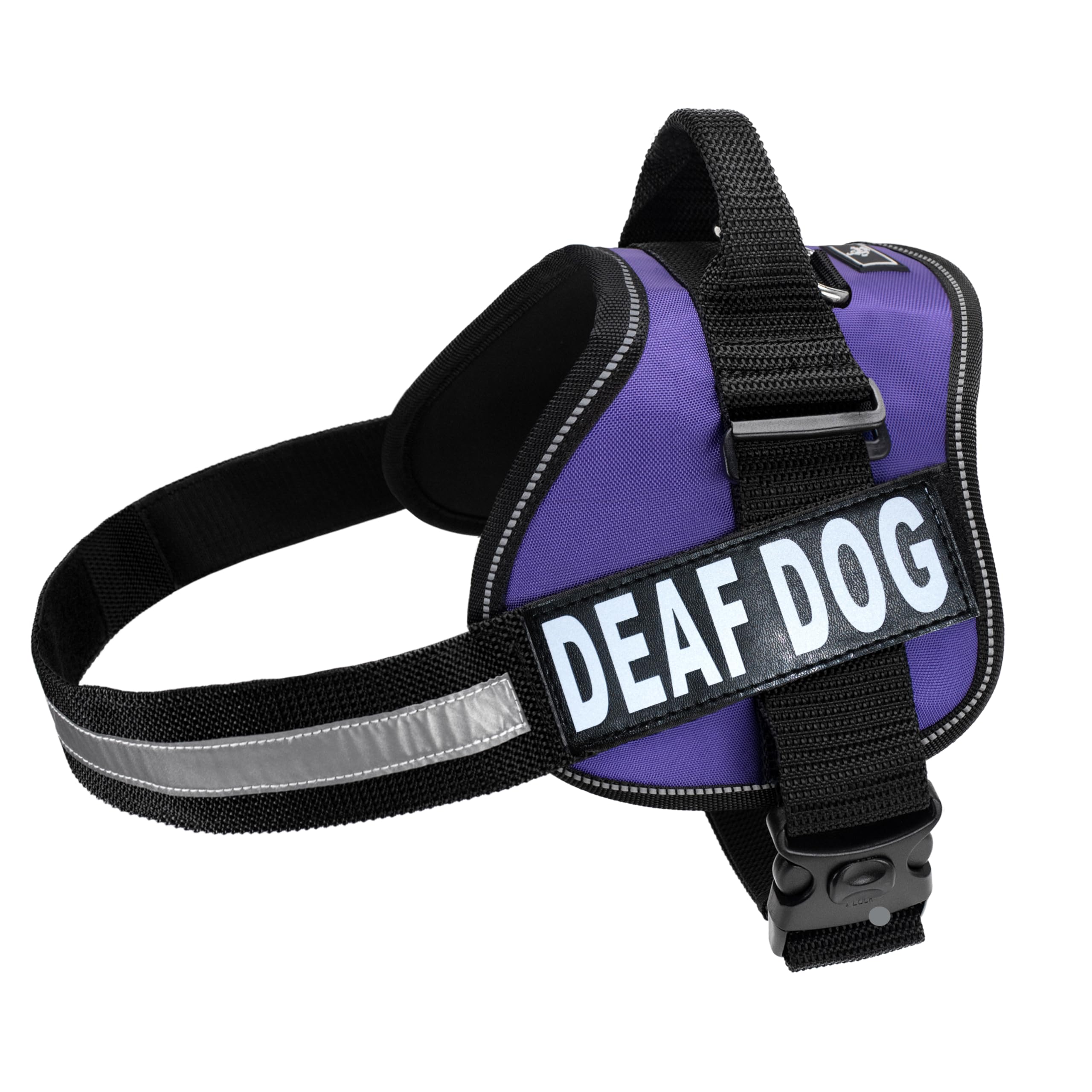Doggie Stylz Dog Harness with Removable Patches and Reflective Trim. Dog Vest Comes with 2 Deaf Dog Reflective Hook and Loop Patches. Measure Dogs Girth Before Purchase (Girth 19" - 25" Purple)