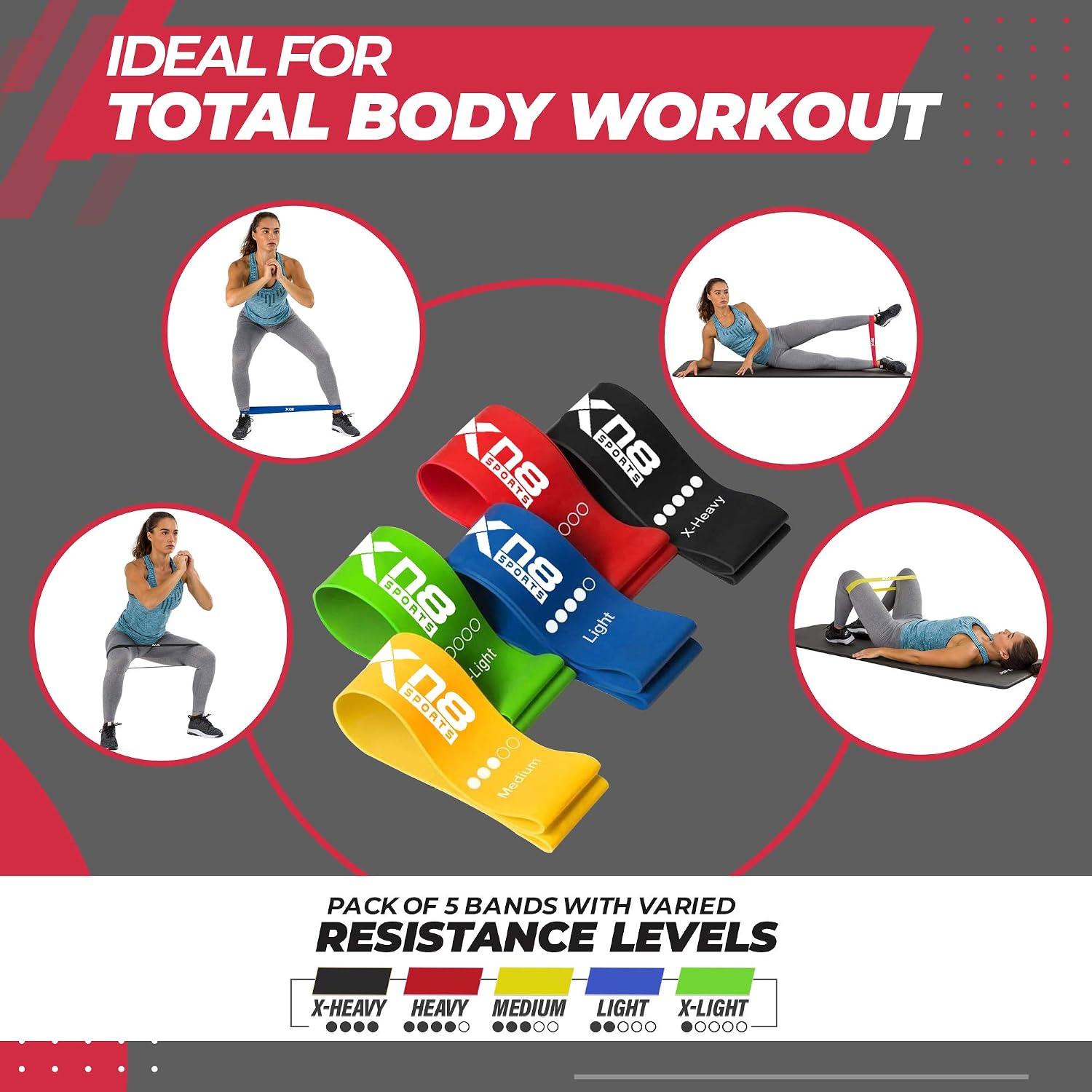 XN8 Sports Resistance Bands Set of 5, Fitness Bands for Shaping Legs & Glutes Exercise Loop Band for Gym Yoga, Home Exercise - Image 3