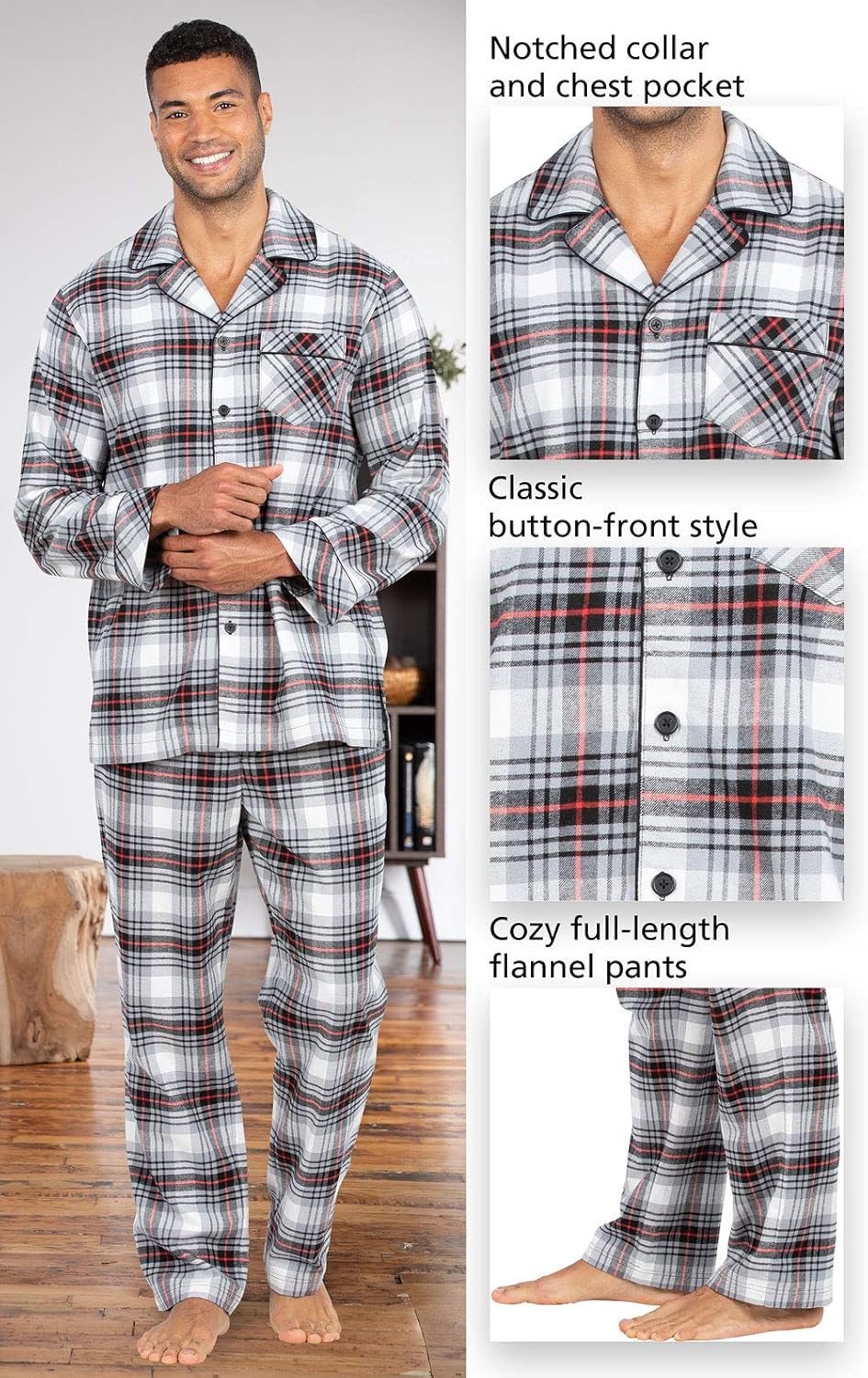 PajamaGram Mens Flannel Pajamas Sets - Cotton Pajamas for Men, Button Top at  Men’s Clothing store