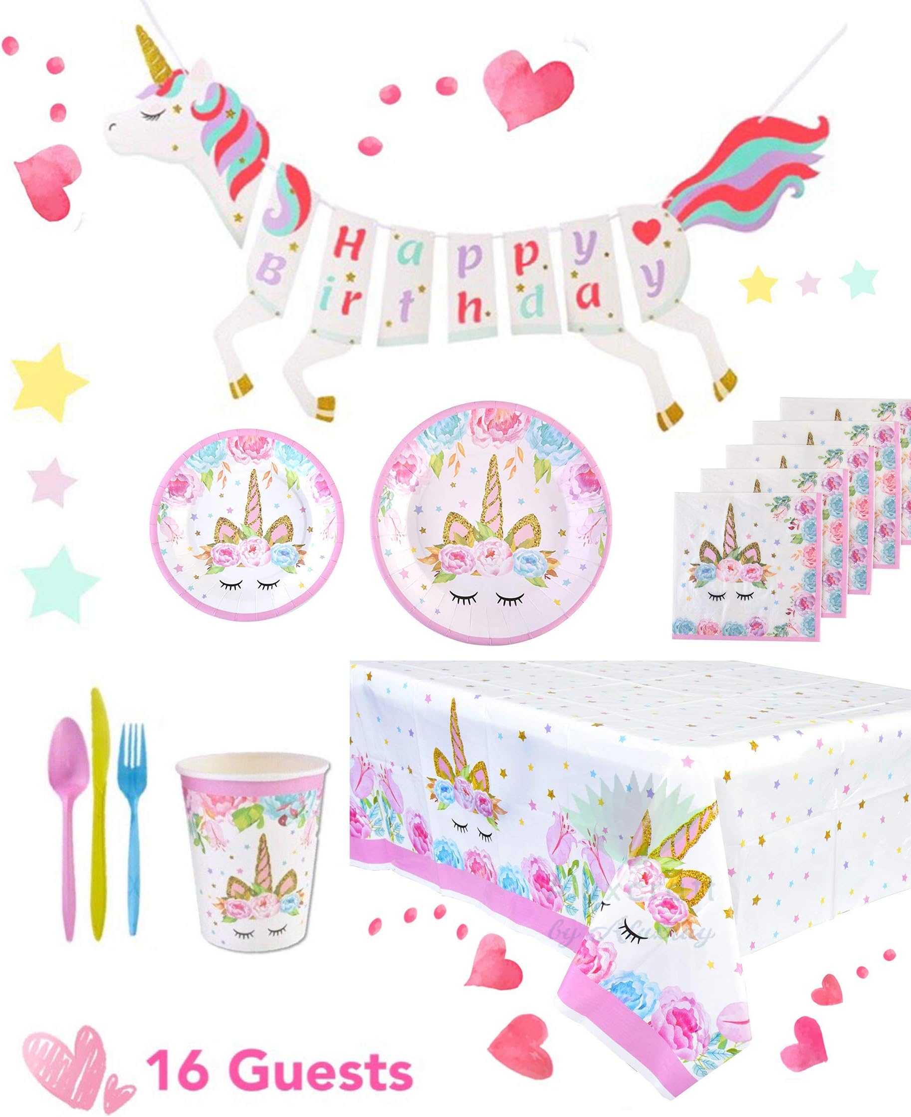 Unicorn Party Birthday Supplies Kit High Quality Serves 16 Guests, includes a Table Cover, a Unicorn Banner, Cute Cups, Colorful Cutlery, 2-set Plates. Perfect to Host a Special Party for Your Girl