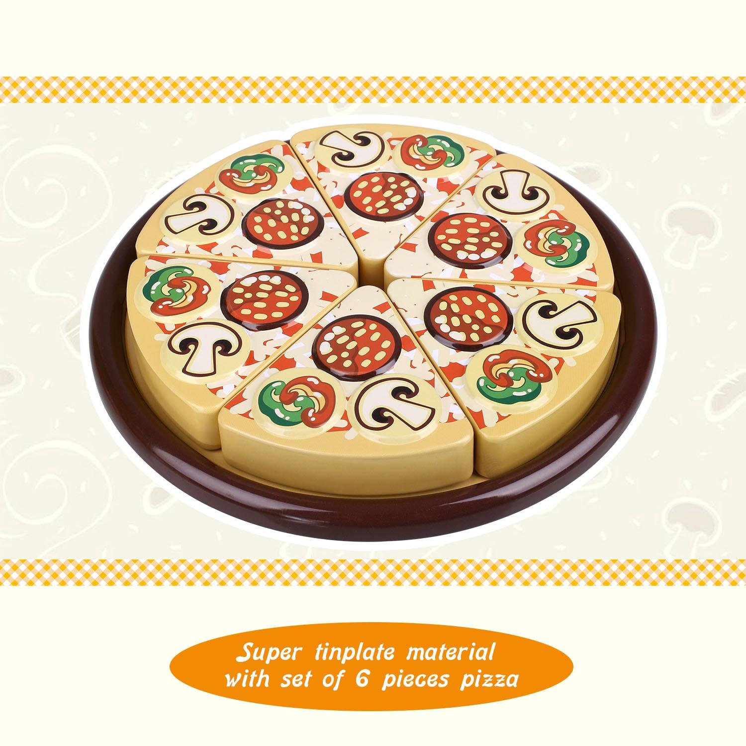 Play Pizza Party Toy Set for Kids Cutting Magnetic Tinplate Food Pretend Play Game with Child Size Slice Cutter and Kerchief by Peradix