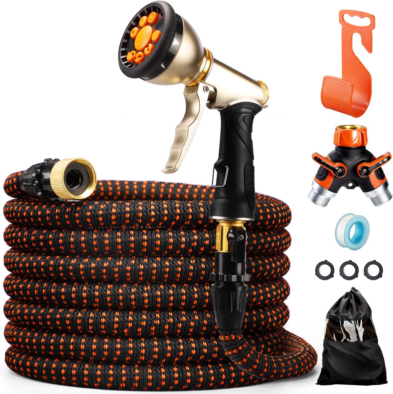 Delxo 50 Feet Expandable Garden Hose,9-Function Water Hose with Heavy Duty High Pressure Retractable Hose Metal Spray Nozzle, Leakproof Design 3/4 inch Solid Brass Fittings in Orange