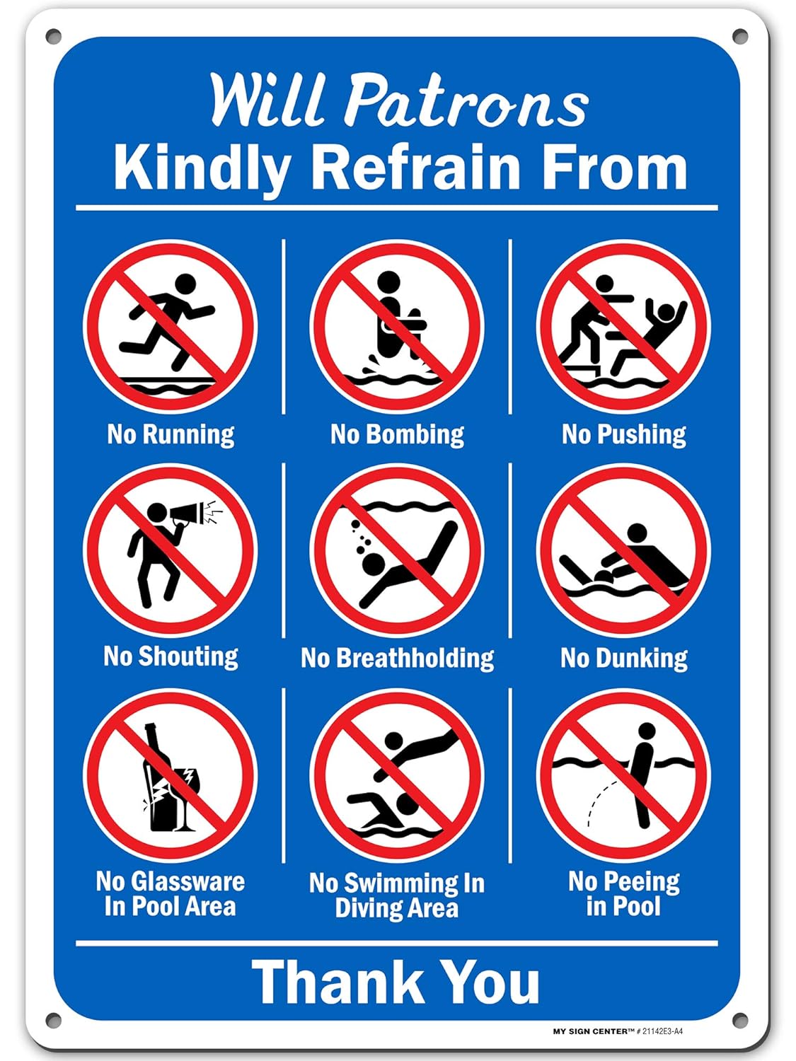 Swimming Pool Rules No Running, Pushing, Diving Sign 10" X 14