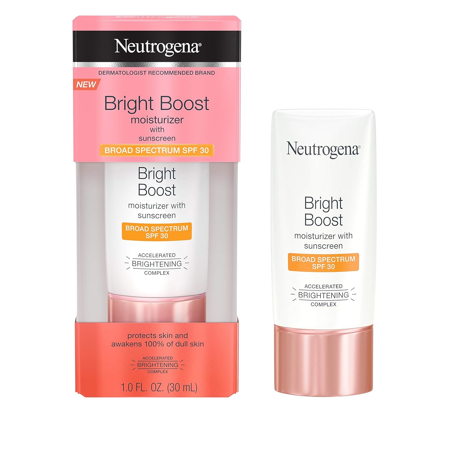 Neutrogena Bright Boost Facial Moisturizer with Broad Spectrum UVA/UVB SPF 30 Sunscreen, Brightening Oil-Free Face Moisturizer with Neoglucosamine, Moringa Seed, Vitamin C & E, 1.0 fl. oz: Beauty