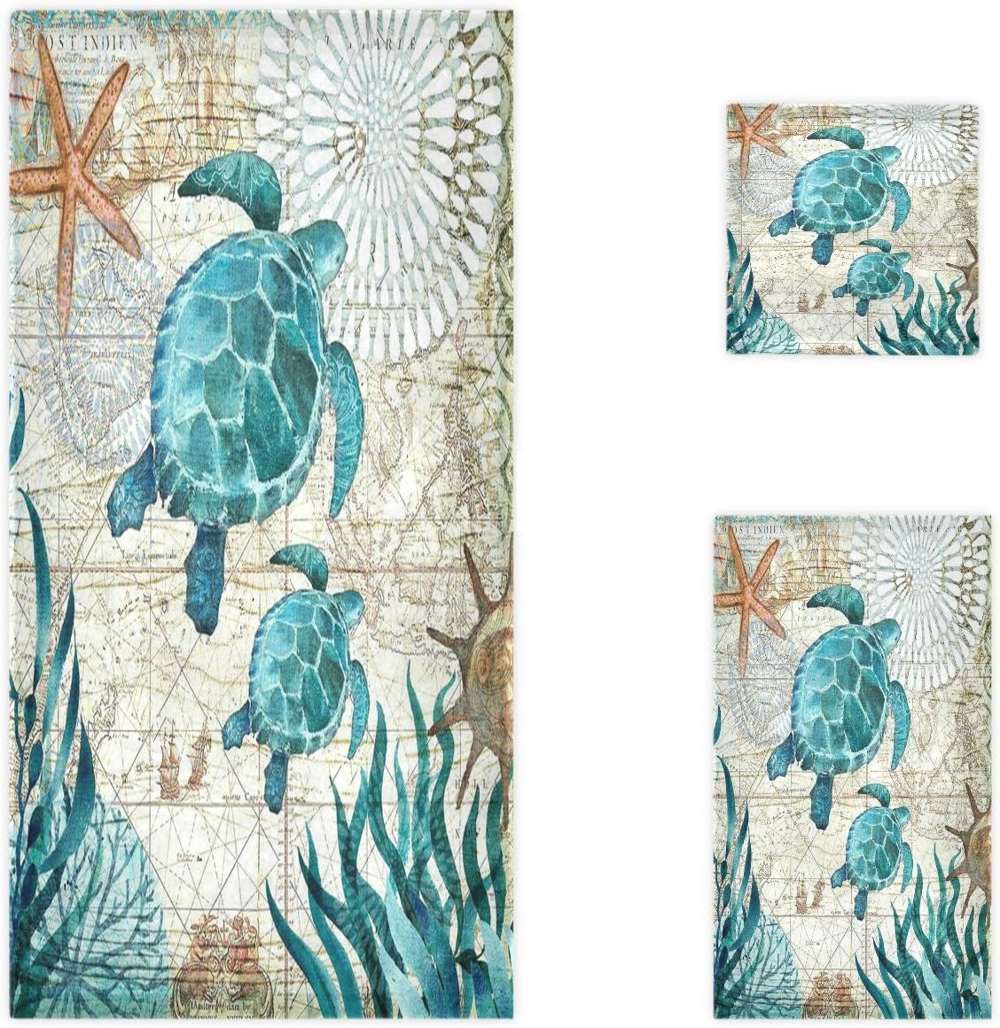 Naanle Vintage Ocean Sea Turtles Starfish Map Soft Luxury Decorative Set of 3 Towels, 1 Bath Towel+1 Hand Towel+1 Washcloth, Multipurpose for Bathroom, Hotel, Gym, Spa and Beach: Home & Kitchen