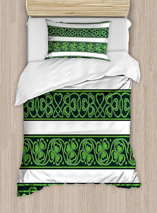 Amazon Vankine アイリッシュ布団カバーセット キングサイズ シャムロックボーダー ゲリックネイチャーボタニーテーマ 渦巻き模様の芸術的な三つ葉 ファッション寝具3点セット 枕カバー2枚付き フォレストグリーンホワイト Twin Twin Xl ブラック 寝具カバーセット