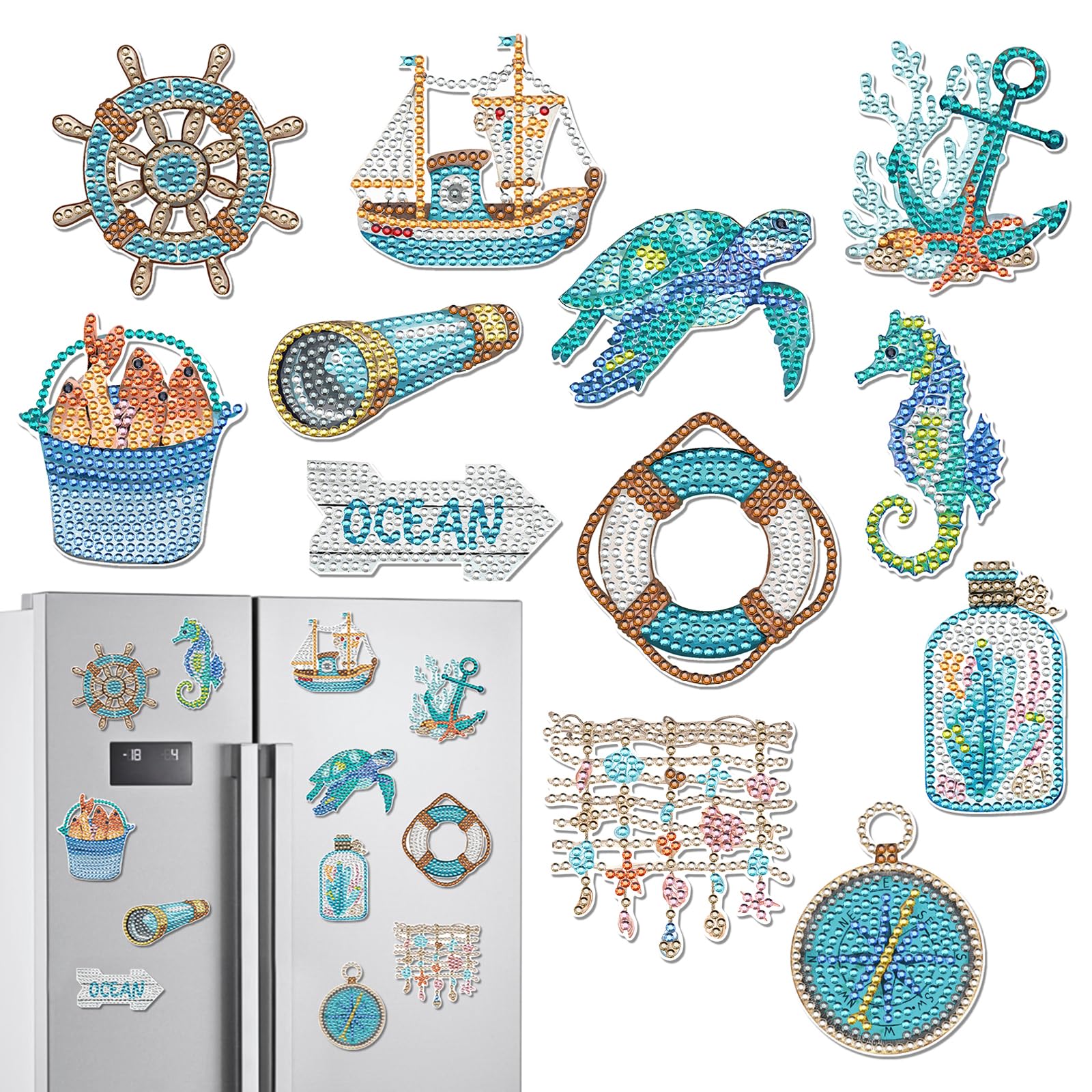 Photo 1 of INCOK Ocean Diamond Art Refrigerator Magnets - 12 PCS DIY Diamond Painting Fridge Magnets Kit with Seahorse Sea Turtle Cruise Ship Compass Pattern Home Decor Birthday Gift for Adults Beginners Women