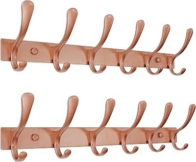 SKOLOO Coat Rack Wall Mounted 6 Hooks Pack of 2 Matte Rose Gold Stainless Steel