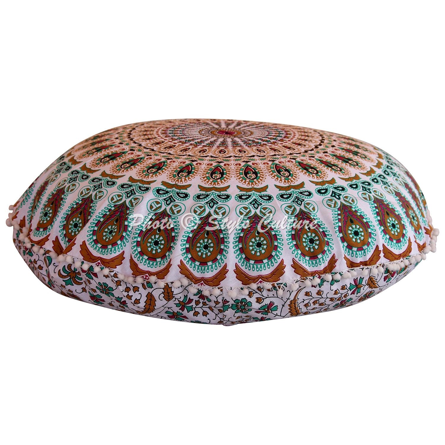 Stylo Culture Ethnic Round Large Floor Cushion For Garden Throw Pillow Cover Brown Green 80x80 cm Meditation Mandala Pom Pom Lace Boho Extra Large 32 Inch Home Decor Cotton Chair Seating Cover