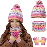 Girls Winter Hat Scarf Gloves Set, Warm Fleeve Rainbow Color Beanie Knit Scarf Mittens Kids Children Christmas Gifts