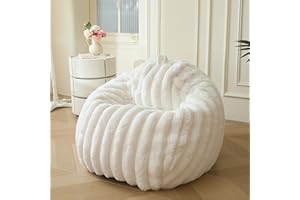 MEGO Kids Fluffy Faux Rabbit Fur Bean Bag Chair Cover(No Filler), Soft Ivory Shaggy Wide Striped Stuffed Animal Storage Bean Bag, Home Decor Ribbed Fuzzy Beanbag Cover Kids Girls Teens Adults, Beige