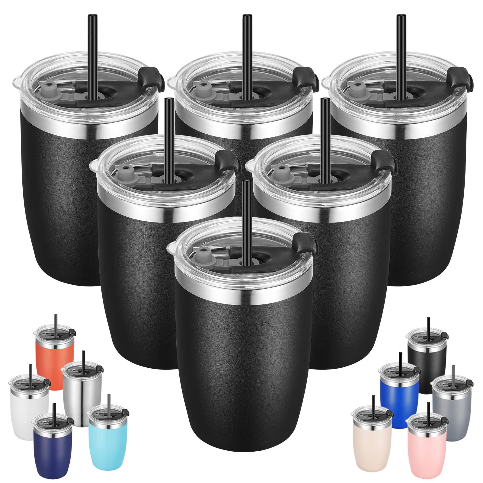 VEGOND Stainless Steel 12 oz Tumblers bulk Vacuum Insulated Double Wall Travel Tumbler with Lid and Straw Reusable Tumbler, Black 6 pack Image