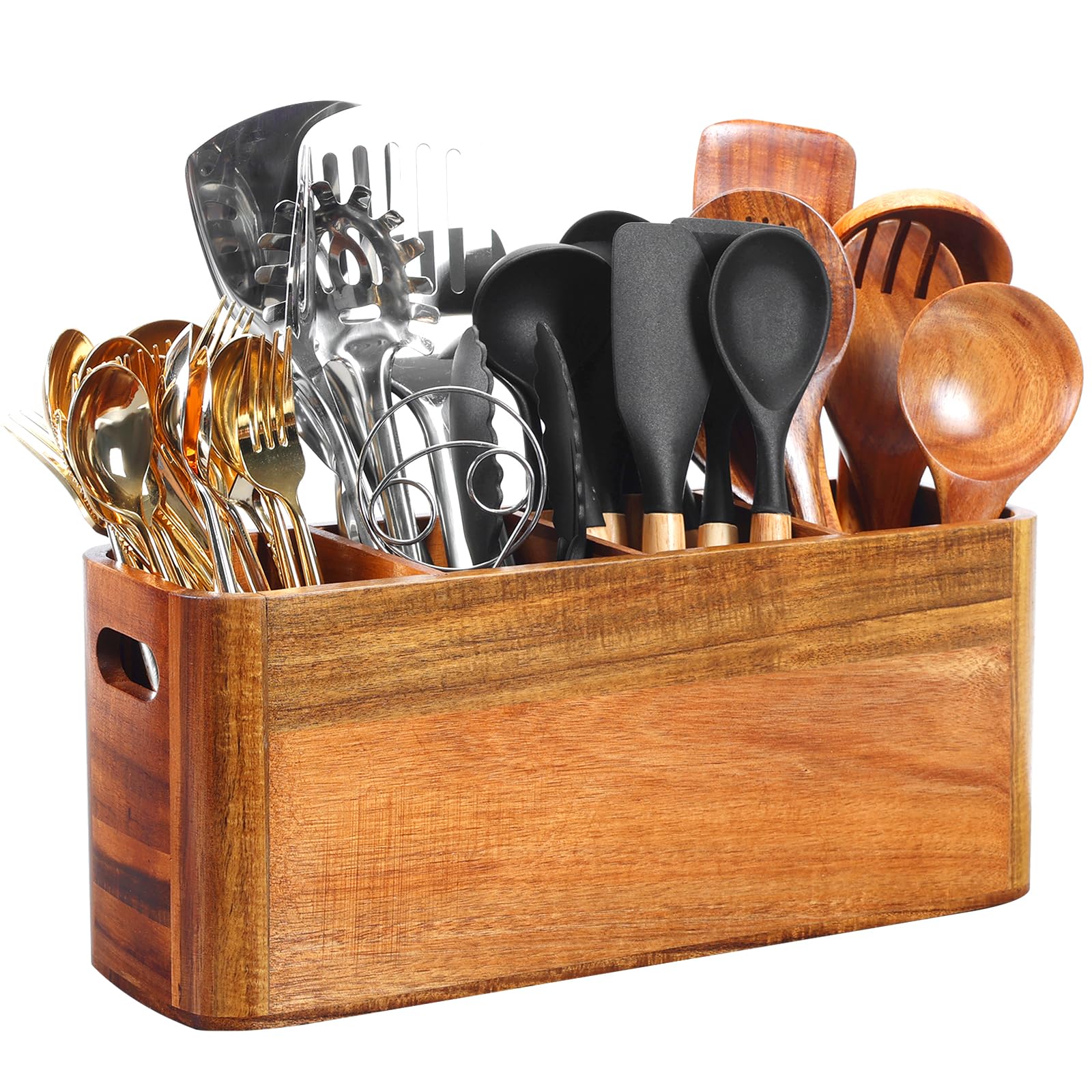 Photo 1 of Kitchen Utensil Holder for Counter or Countertop, Extra Large Acacia Wood Organizer with 4 Compartments, Wooden Storage for Cooking and Silverware, Rustic Minimalist Decor, Sturdy Utensil Crock