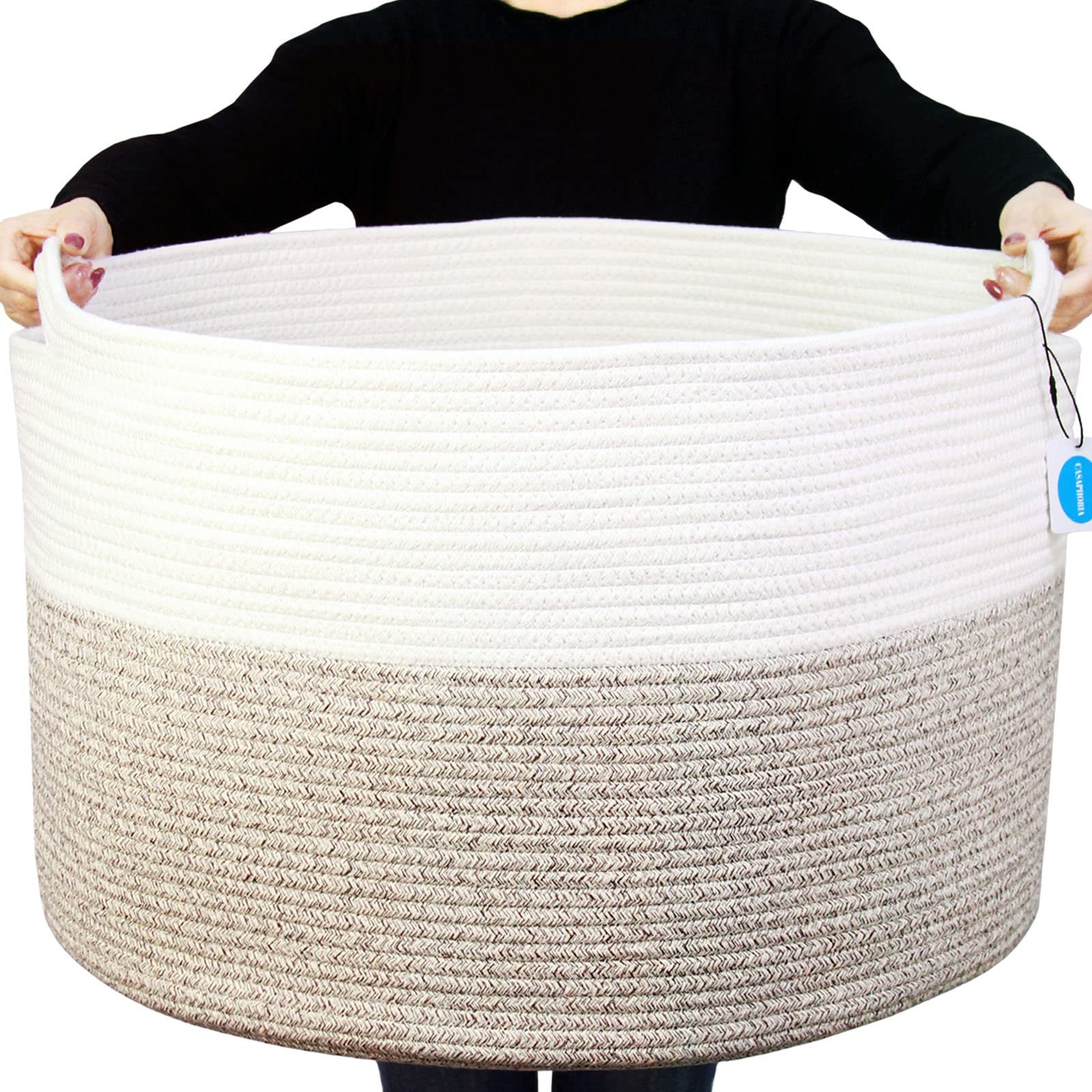 Casaphoria XXXLarge Cotton Rope Basket for Living Room - Woven Storage Basket with Handle for Blankets, Towels and Pillows Laundry Hamper | White and Brown (22