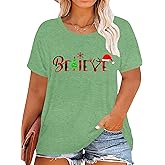 Plus Size Christmas Shirts for Women Merry and Bright Christmas Shirt Believe Christmas Graphic Short Sleeve Tee Tops