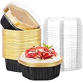 Beasea Disposable Baking Cups with Lids, 50 Pack 13.5oz 400ml Aluminum Foil Ramekins Pans Hexagon Individual Cupcake Desserts Containers Creme Brulee Pudding Souffle Oven Tins for Party - Black Gold