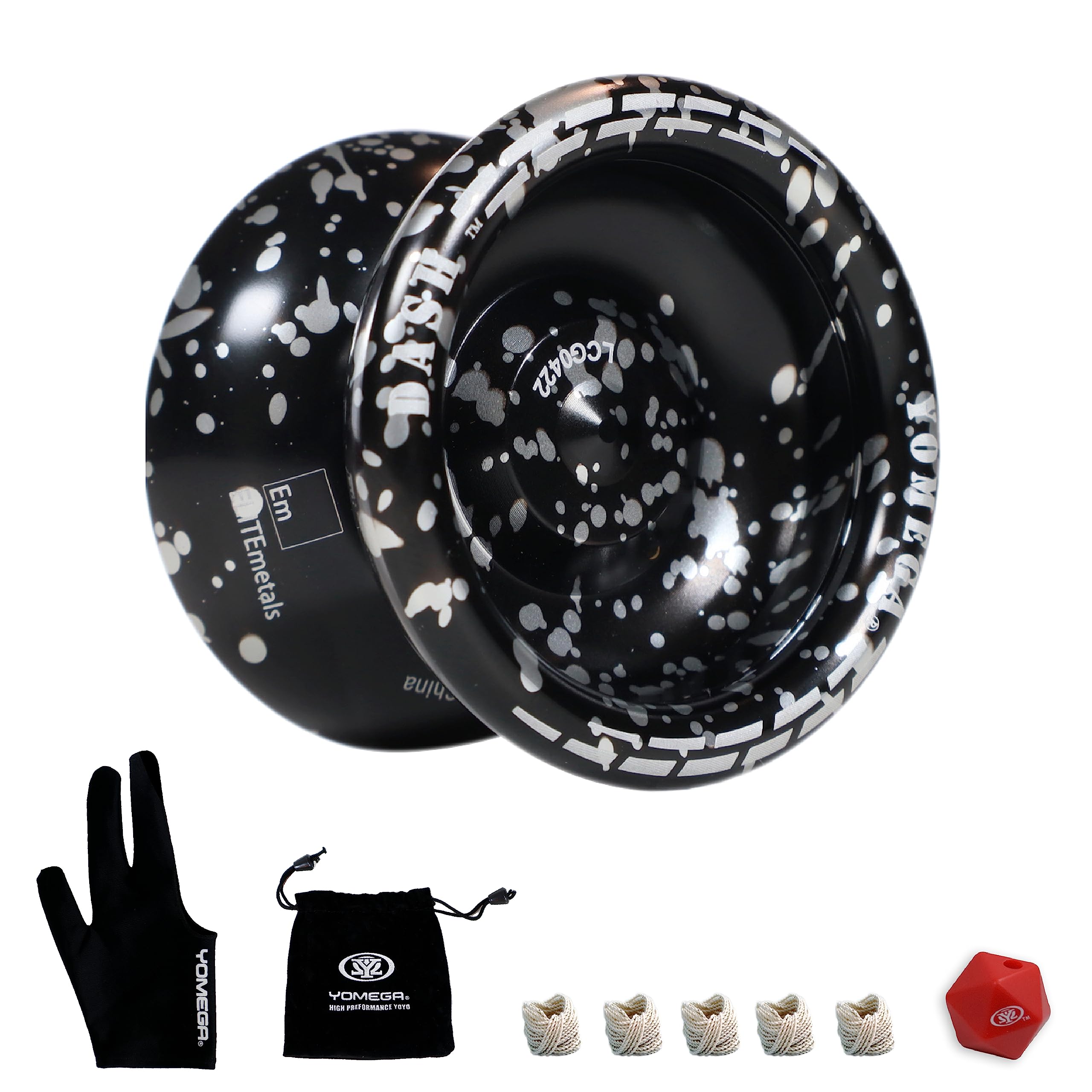 Yomega Dash Yoyo - Pro Aluminum Metal Unresponsive Yoyo with C Size Ball Bearing for Advanced yo yo Tricks + Extra 5 Strings + Glove + Bag + Die & 3 Month Warranty (Black Silver)