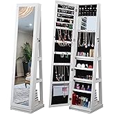 CuisinSmart 360°Swivel Jewelry Cabinet,Lockable Standing Jewelry Armoire with Full Length Mirror,Wooden Freestanding Mirror Cabinet with Hidden Jewelry Storage for Bedroom Dressing Room White