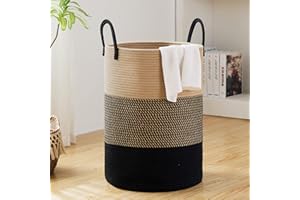 Fiona's magic 72L Large Woven Laundry Hamper, Tall Cotton Rope Storage Basket, Jute Baby Nursery Hamper for Blankets, Toys and Clothes in Bedroom and Living Room Organizing, Brown & Black