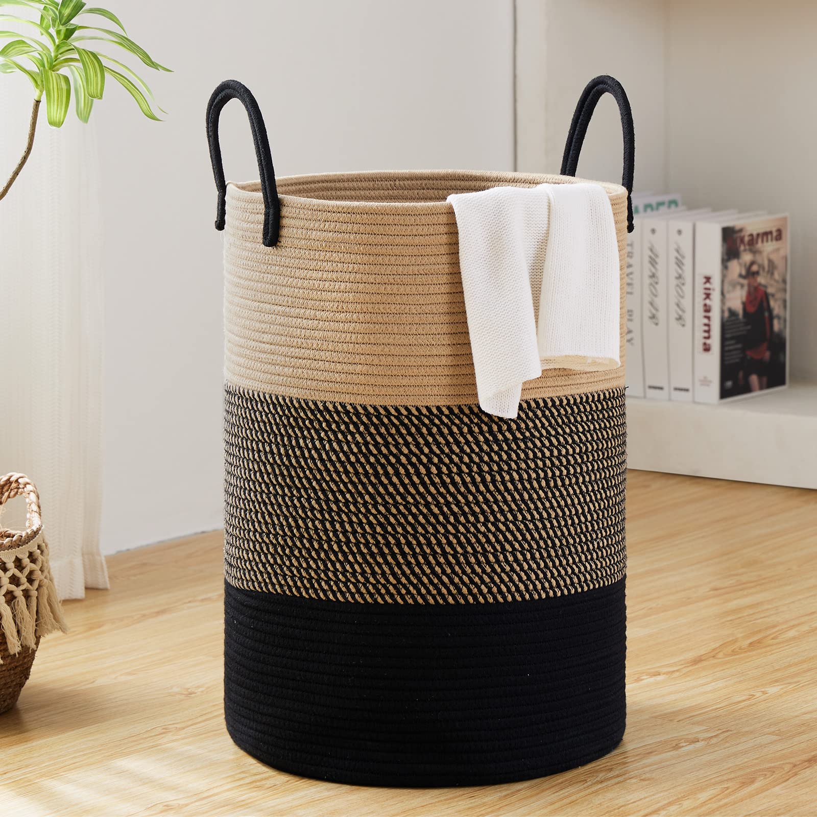 Woven Laundry Hamper by Fiona’s magic,Tall Cotton Rope Laundry Basket, Large Boho Storage Basket for Blankets, Toys and Clothes Hamper for Bedroom and Living Room Organizing, Jute, 58L, Brown & Black