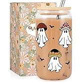 Fairy's Gift Ghost Mushroom Halloween Cup, Spooky Mushroom Ghost Iced Coffee Glass Tumbler, 16 oz Cute Cups with Lids Straws, Boo Basket Stuffers, Spooky Halloween Gifts for Women Teens, Fungi Lovers