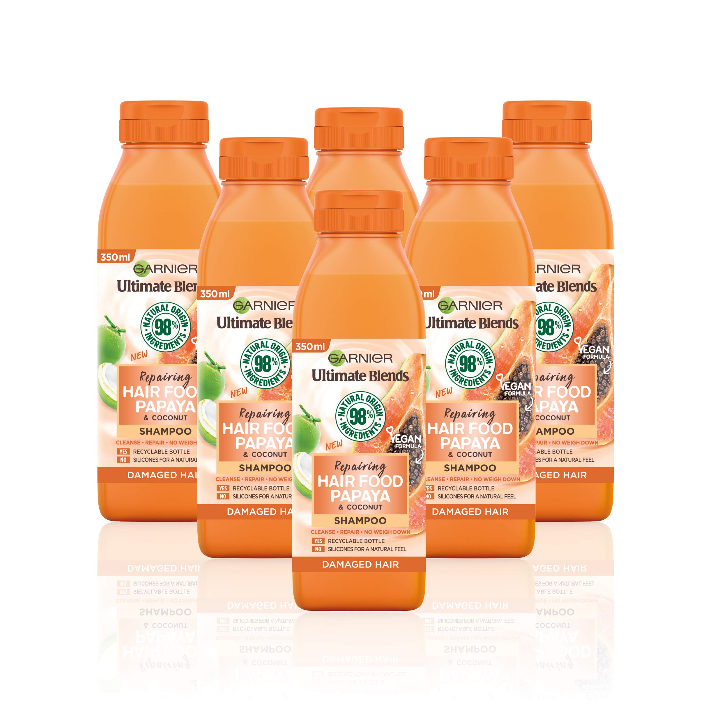 Garnier Ultimate Blends Shampoo For Damaged Hair | Papaya Hair Food Shampoo by Garnier Ultimate Blends | 98 Percent Natural Origin Ingredients | 350 ml Pack of 6