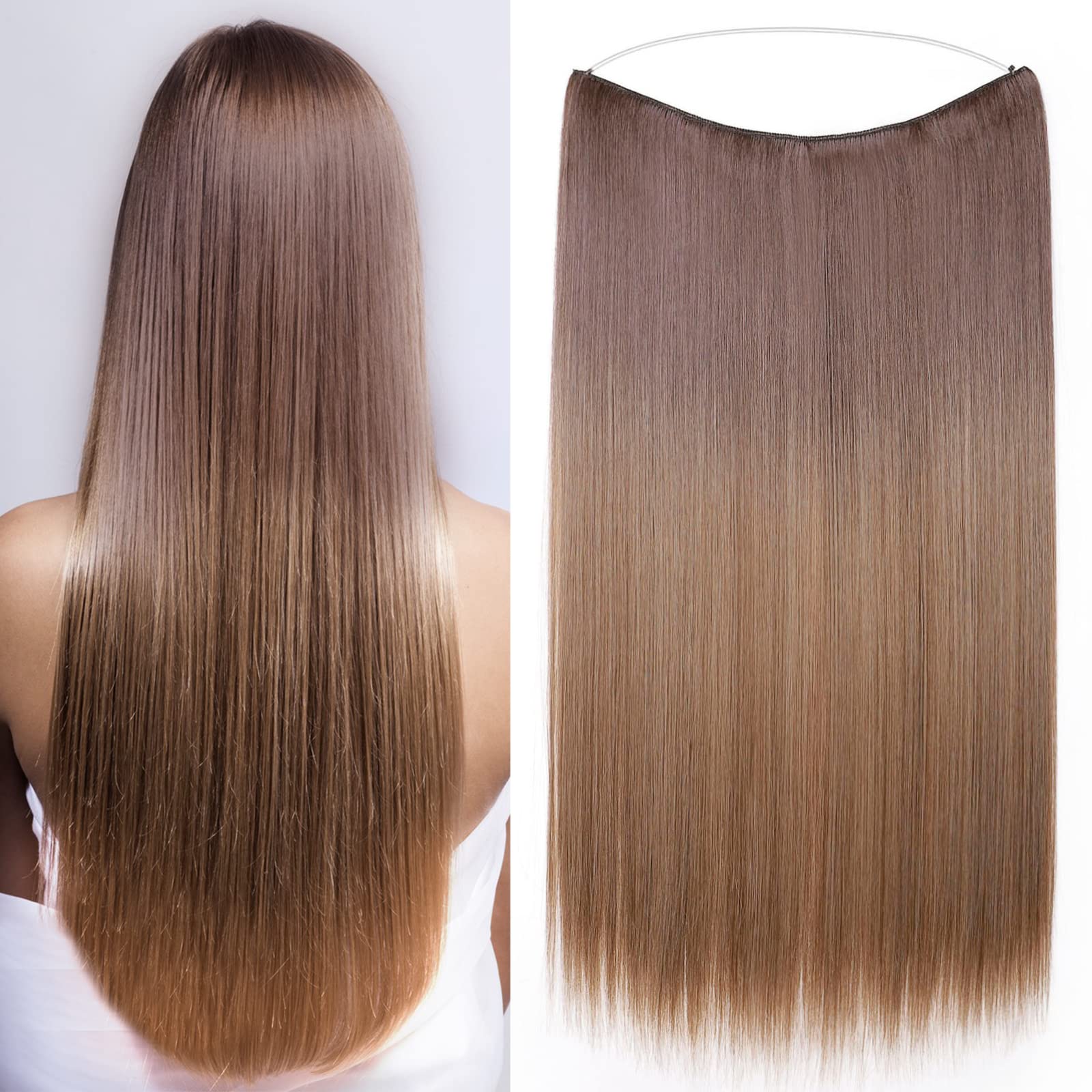 20 Inches Straight Hair Extensions Secret Headband No Clip Easy Invisible Crown Wire in Hair Extensions Hairpiece for Women Light Brown to Sandy Blonde