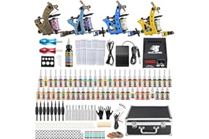 Solong Tattoo Complete Tattoo Kit 4 Pro Machine Guns 54 Inks Power Supply Foot Pedal Needles Grips Tips Carry Case TK453-US(Machine color random)